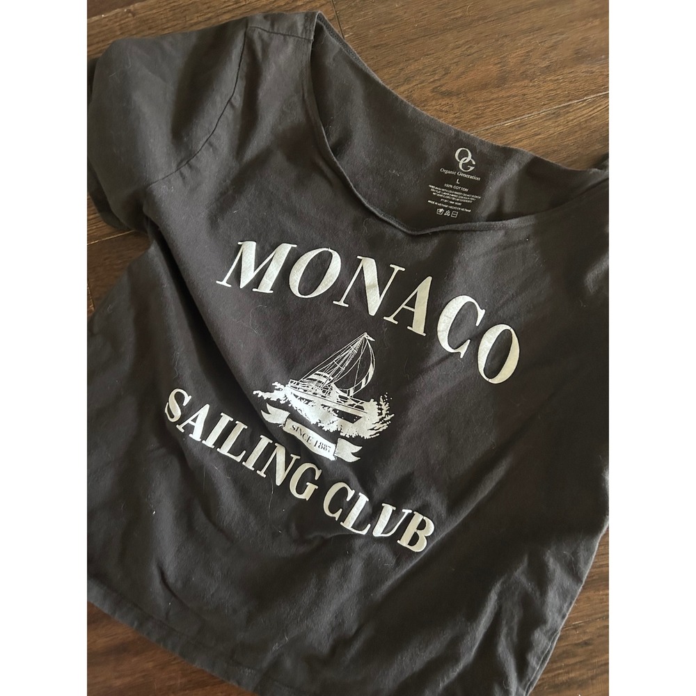 Organic Generation Monaco Sailing Club Graphic Tee Black Cotton Off Shoulder L - Picture 2 of 4